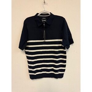 Threadbare Elleray Knit Polo Shirt Navy Ecru Striped Zip Jumper TBMI08777 L